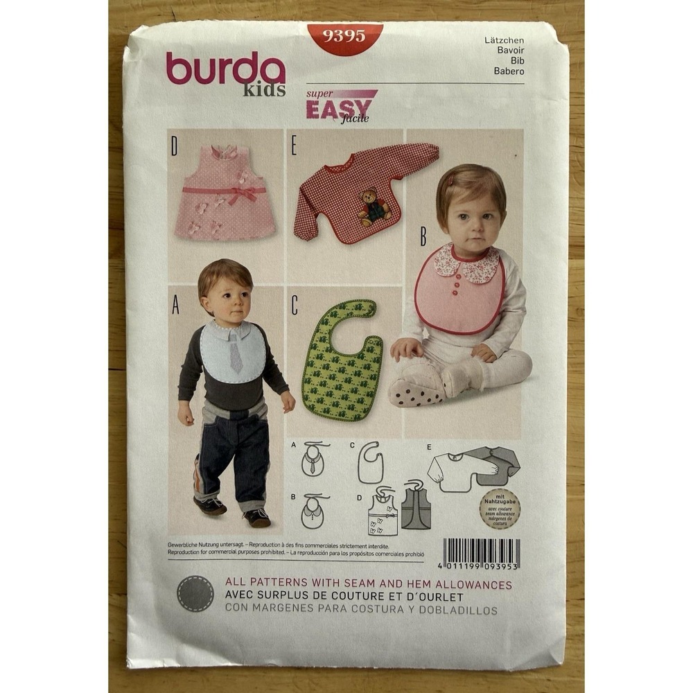BURDA Kids Super Easy Pattern 9395 Infant Baby Bibs 5 Versions Uncut FF